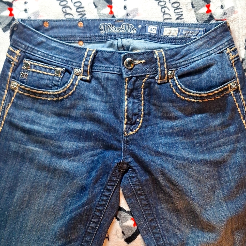 Miss Me jeans low rise boot cut with jewel button and accents size 30